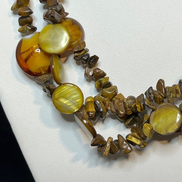 Triple Strand Gold Tone Tigers Eye And Glass Beaded Necklace (3743) - Picture 3 of 6